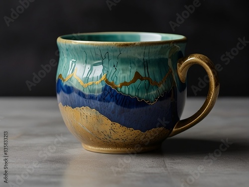 A one-of-a-kind kintsugi mug with a beautiful blend of blue and green hues resembling the ocean's waves crashing against the shore.

