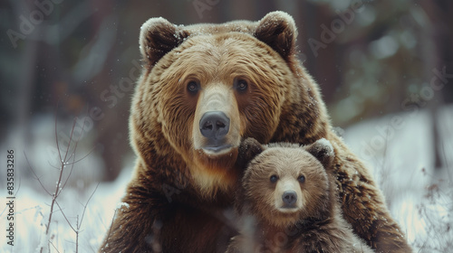 Brown Bear Mother and Cub Amidst Snowy Fields © Jakraphong