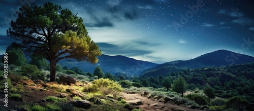 Rural field in Monte Escobedo  Zacatecas  featuring a captivating night sky with ample copy space image.