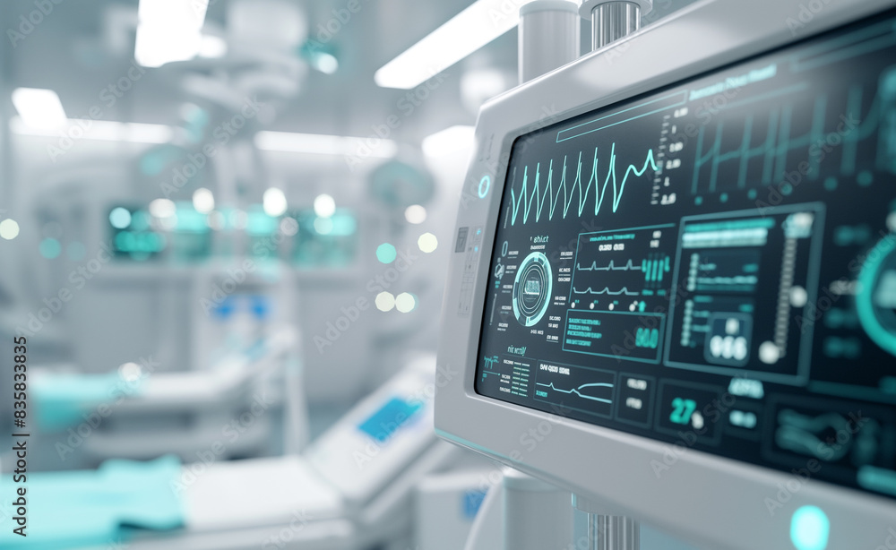 Fototapeta premium A medical device in a sterile, minimalist lab environment, featuring digital interface overlays displaying data and diagnostics, emphasizing the precision and advanced technology of the equipment.