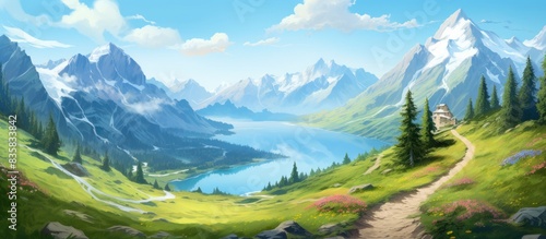 Scenic mountain trail in a summer landscape with a beautiful view and copy space image.