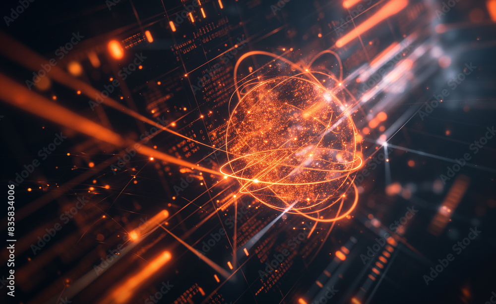 Futuristic technology, composed of glowing orange lines and particles in circular patterns, on a dark background, with space for text. The design is striking and modern, highlighting advanced digital Futuristic technology, composed of glowing orange lines and particles in circular patterns, on a dark background, with space for text. The design is striking and modern, highlighting advanced digital