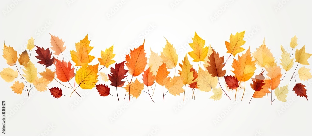 Autumn leaves in yellow and orange hues gently cascade down in a serene setting with a white backdrop, perfect for a copy space image. Autumn leaves in yellow and orange hues gently cascade down in a serene setting with a white backdrop, perfect for a copy space image.