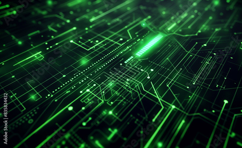 Futuristic circuit board, with glowing green lines and intricate patterns, on a dark background, with space for text. The design emphasizes advanced electronic technology and innovation.