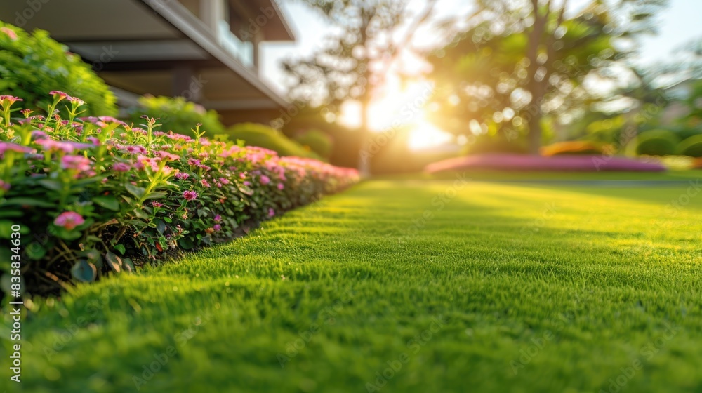 Obraz premium Green lawn with pink flowers and building