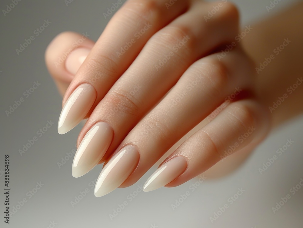 Elegant hand with french manicure nails indoors, close-up on stylish fingertips, daytime Elegant hand with french manicure nails indoors, close-up on stylish fingertips, daytime