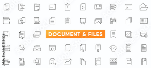 File and document thin line icon set. Different documents settings, File management and Organization outline icon set. Simple line art style icons pack.