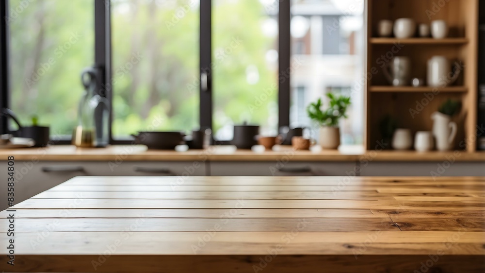 Empty table for product display on blurred kitchen interior background Empty table for product display on blurred kitchen interior background
