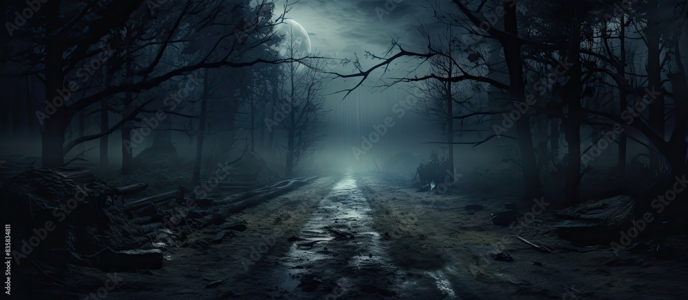 Obraz premium Full moon rises over the enchanting spruce trees in a mysterious forest setting, perfect for a Halloween-themed backdrop with copy space image.