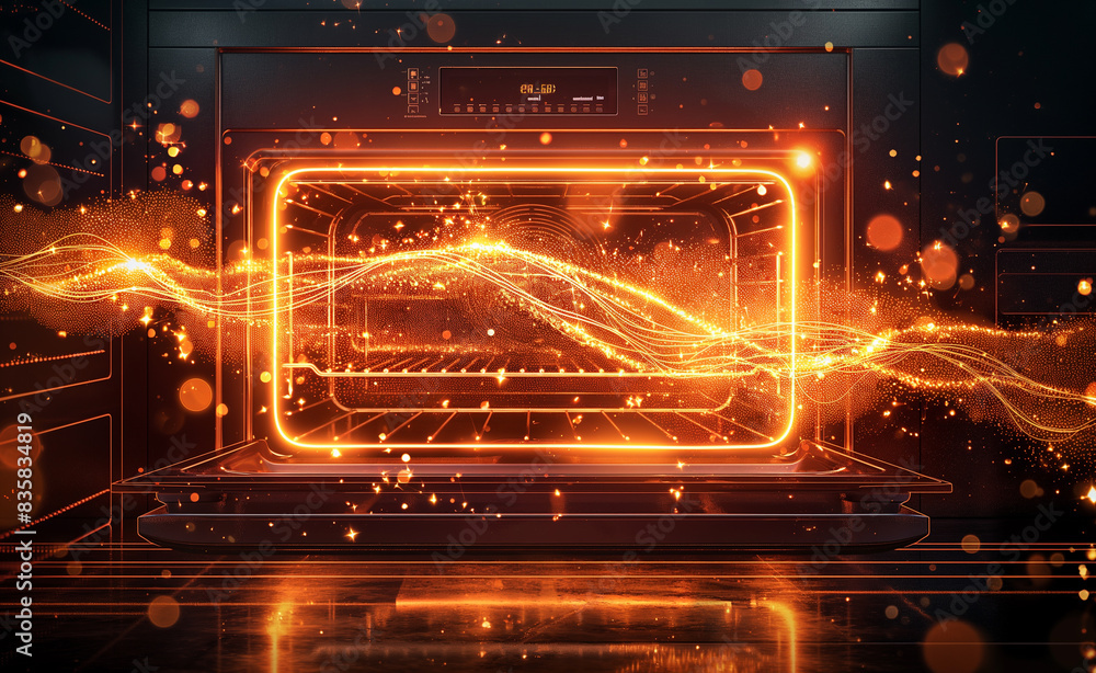 An abstract smart oven, made from glowing orange lines and particles, on a dark background, with plenty of space for text. The composition is striking and modern. An abstract smart oven, made from glowing orange lines and particles, on a dark background, with plenty of space for text. The composition is striking and modern.