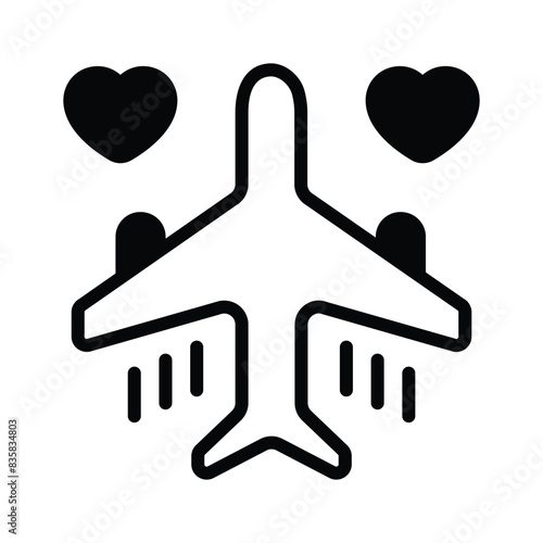 Airplane with heart denoting icon of honeymoon travel, ready to use vector