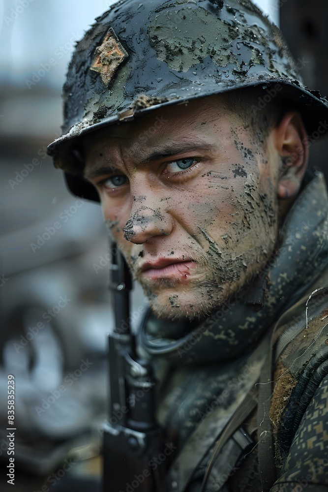 Portrait of a soldier with mud on his face and a red star on his helmet Portrait of a soldier with mud on his face and a red star on his helmet