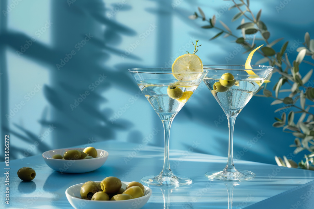 Minimalistic composition with two martini glasses filled with cocktails garnished with lemon slices and green olives, blue background Minimalistic composition with two martini glasses filled with cocktails garnished with lemon slices and green olives, blue background