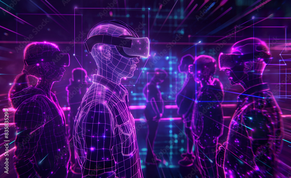 Obraz premium An abstract representation of a virtual reality classroom, with students and a teacher depicted as glowing purple outlines, immersed in a digital environment, on a dark background, with ample space.