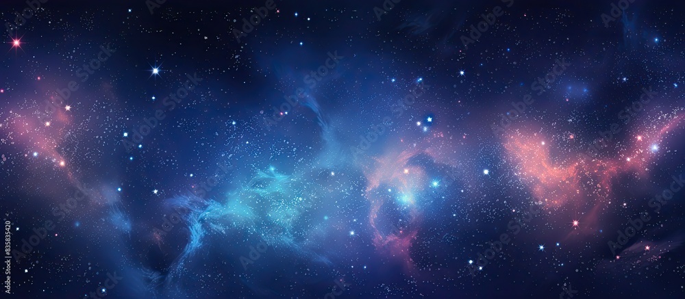 Naklejka premium Astro photography of the Milky Way Galaxy against a blue night sky, featuring a spiral galaxy in the picture, with visible noise in the copy space image.