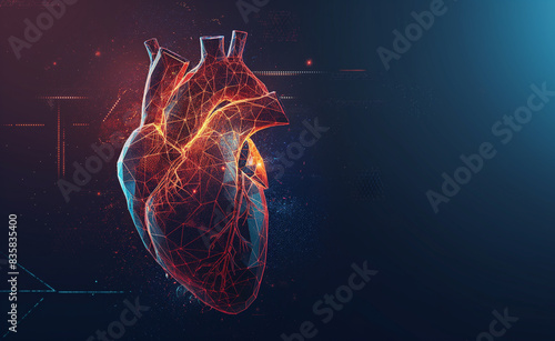 An abstract representation of a digital twin of a human heart, with clean, simplified anatomical shapes and elements, set against a plain, dark background, with ample space for text.  photo