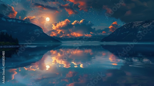 Mesmerizing night sky  clouds reflecting in tranquil waters 