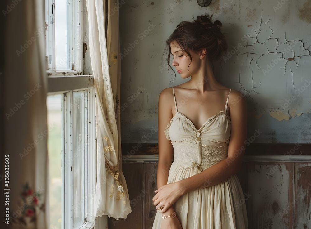Naklejka premium portrait of a beautiful girl in front of a window