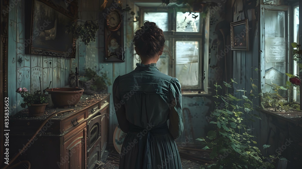 Woman Standing in Abandoned Old House With Plants Woman Standing in Abandoned Old House With Plants