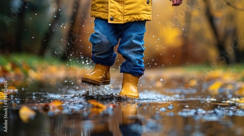 Child in yellow raincoat walking through puddle in autumn