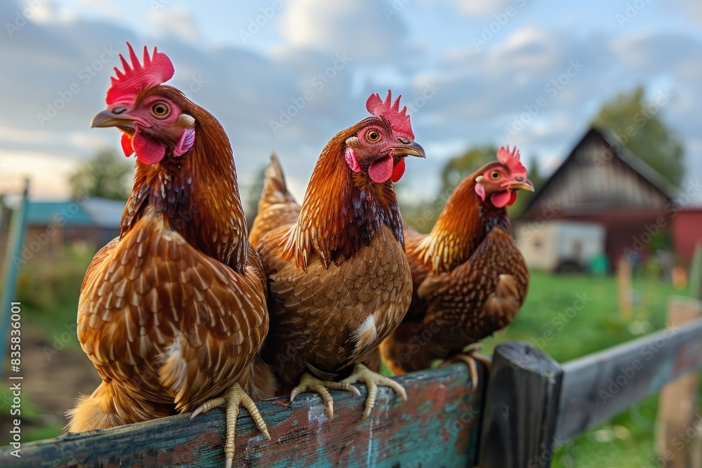 Fototapeta premium Hens perched on rocks in rural setting