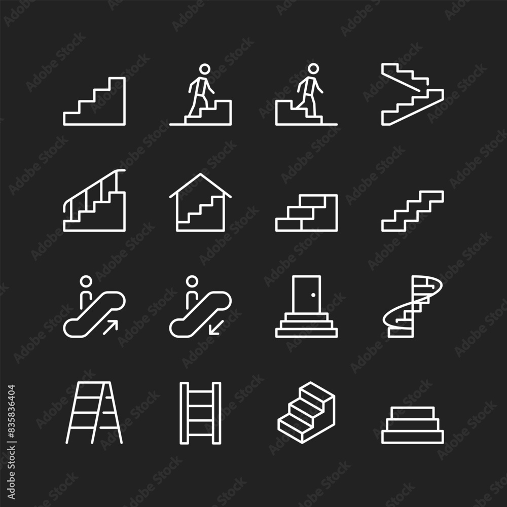 Steps icon set, white lines on black background. People climbing stairs, ladders. Multi-step structures with railings. Customizable line thickness