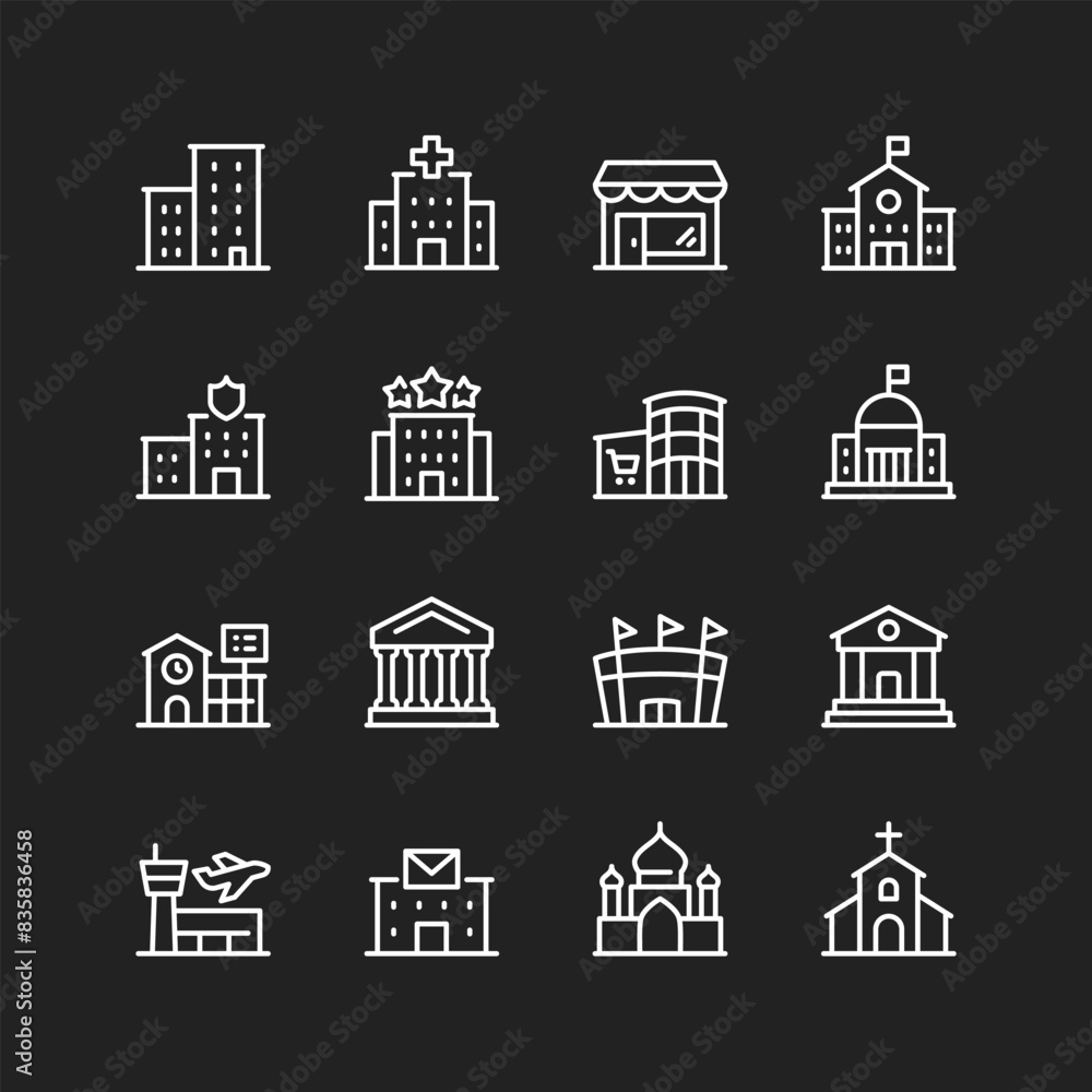 Public buildings icon set, white on black background. City infrastructure - residential, commercial, educational, institutional, religious edifices. Customizable line thickness Public buildings icon set, white on black background. City infrastructure - residential, commercial, educational, institutional, religious edifices. Customizable line thickness