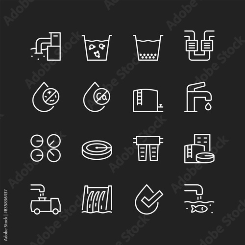 Water treatment icons, white on black background. Treatment facilities, filtration stages, equipment. Removing impurities and hazards. Customizable line thickness