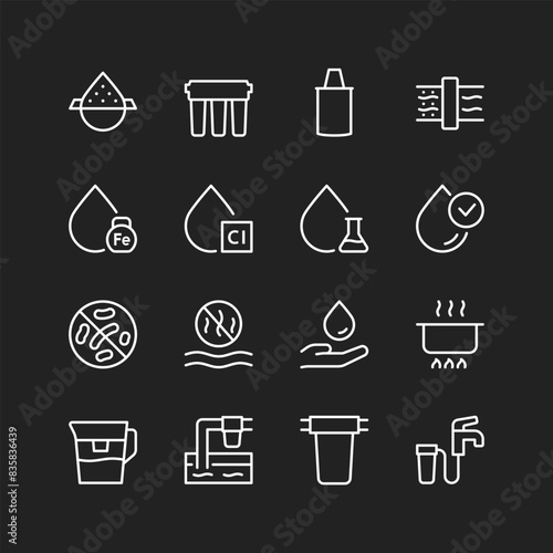 Water treatment icons, white on black background. Treatment facilities, filtration stages, equipment. Removing impurities and hazards. Customizable line thickness