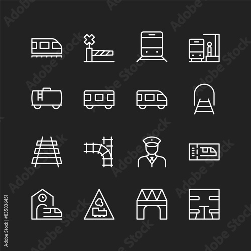 Train, railroad icons, white lines on black background. Railway stations, passenger cars, rails, structures. Customizable line thickness