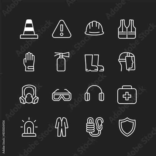 Work safety icons, white lines on black background. Protective equipment, hazardous workplace guidelines and protocols. Customizable line thickness