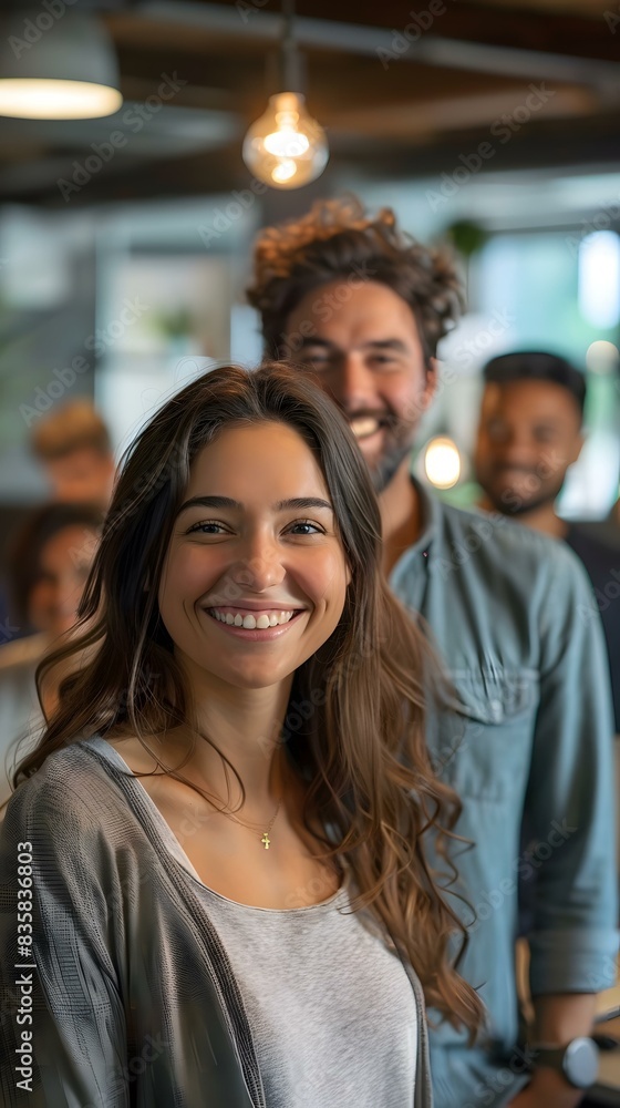 Obraz premium portrait of a smiling young woman with long brown hair in a grey cardigan