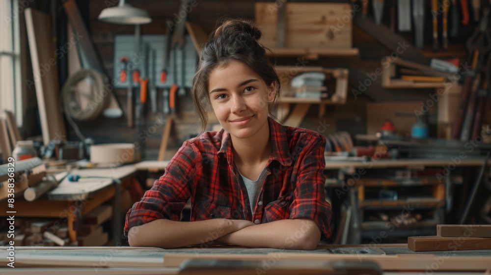 The woman in the woodworking workshop The woman in the woodworking workshop