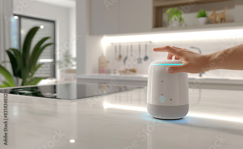 A person is reaching towards a smart speaker with holographic projections in a modern kitchen.