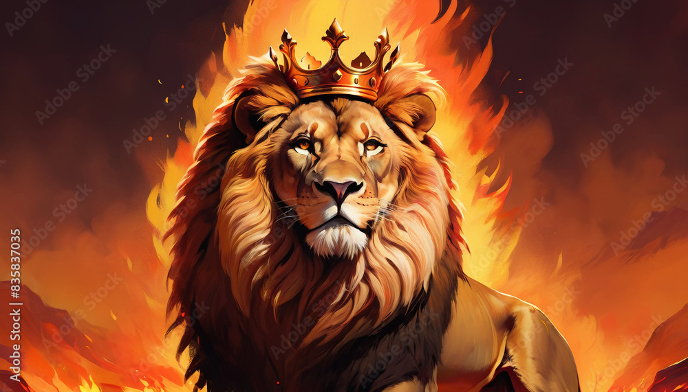 A Proud ,Majestic Lion ,the King of the Jungle -A Raging Fire Roars in the Background-painted style
