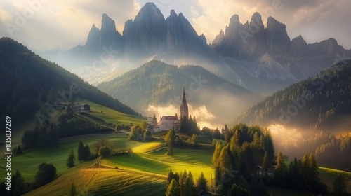 Vibrant sunrise over stunning dolomite landscape - santa maddalena, italy - majestic peaks and rolling hills in golden light - scenic beauty of italian countryside - picturesque alpine scene photo