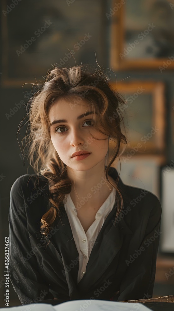 portrait of a beautiful young woman with brown hair wearing a white shirt and black jacket portrait of a beautiful young woman with brown hair wearing a white shirt and black jacket