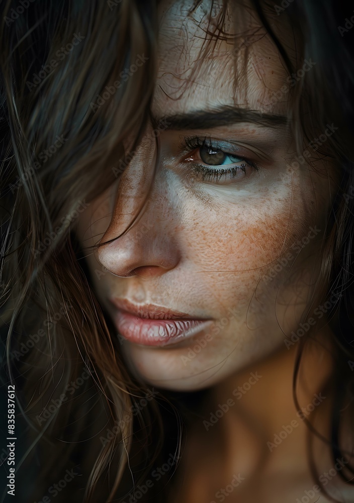 portrait of a young woman with freckles on her face portrait of a young woman with freckles on her face