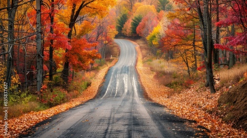 Scenic rural drive through vibrant autumn foliage in vermont countryside