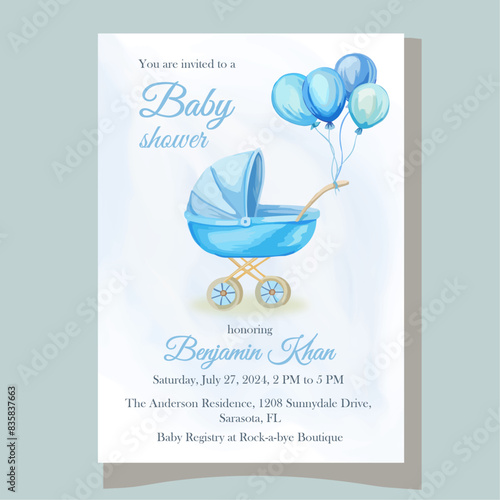 Cute blue watercolor baby shower card with baby stroller
