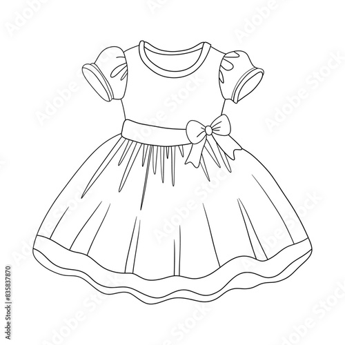 Beautiful dress with fluffy skirt outline for coloring on a white background