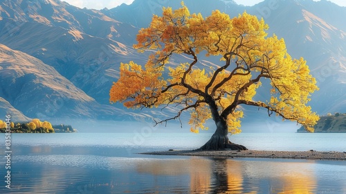 Fototapeta Naklejka Na Ścianę i Meble -  Serene tree growing in the tranquil waters of lake wanaka, new zealand, captured during sunset with reflective sky