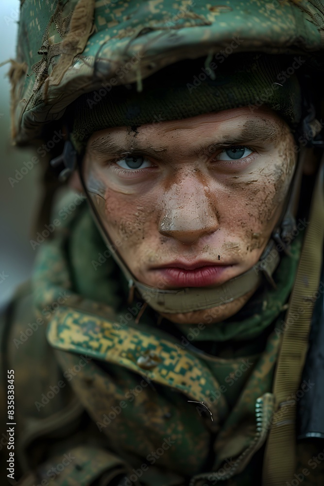 Fototapeta premium Portrait of a young soldier with mud on his face