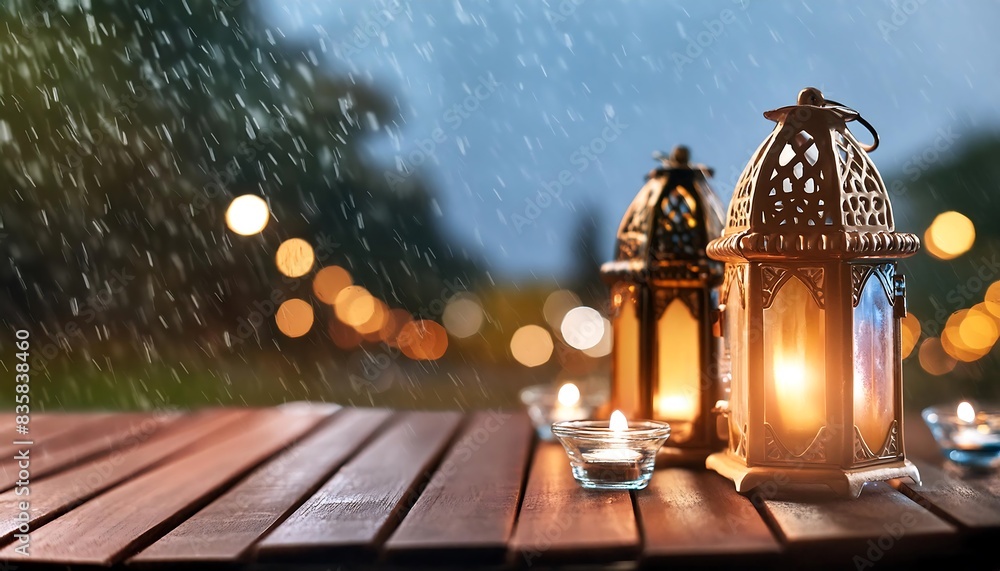 The background is an Islamic holiday theme, lanterns are on a wooden table and look beautiful on a sparkling night and in the rain. wallpaper, poster, banner. The background is an Islamic holiday theme, lanterns are on a wooden table and look beautiful on a sparkling night and in the rain. wallpaper, poster, banner.