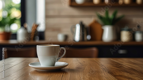 Wooden table top with hot cup of coffee on blurred kitchen, restaurant or bar interior background with copy space.