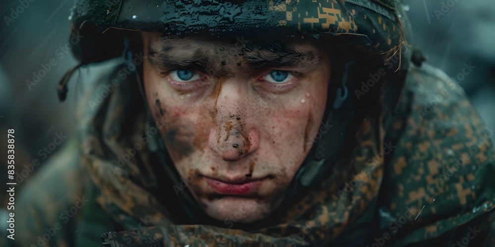Portrait of a soldier with blue eyes and a dirty face Portrait of a soldier with blue eyes and a dirty face
