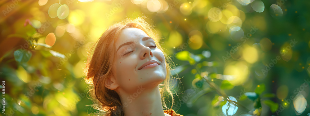 A happy young woman breathes in the fresh air of a lush green forest, finding peace and relaxation in nature's embrace. A happy young woman breathes in the fresh air of a lush green forest, finding peace and relaxation in nature's embrace.