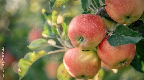 Apples grown naturally on a tree branch in an apple orchard