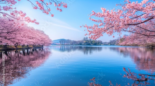 A tranquil lake surrounded by blooming cherry blossoms in spring, the delicate pink flowers and clear blue sky perfectly reflected in the water.