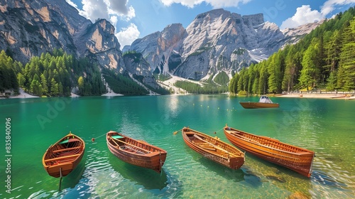 Fototapeta Naklejka Na Ścianę i Meble -  Scenic boats on braies lake surrounded by majestic dolomites mountains in sudtirol, italy – tranquil landscape with clear blue waters and alpine backdrop